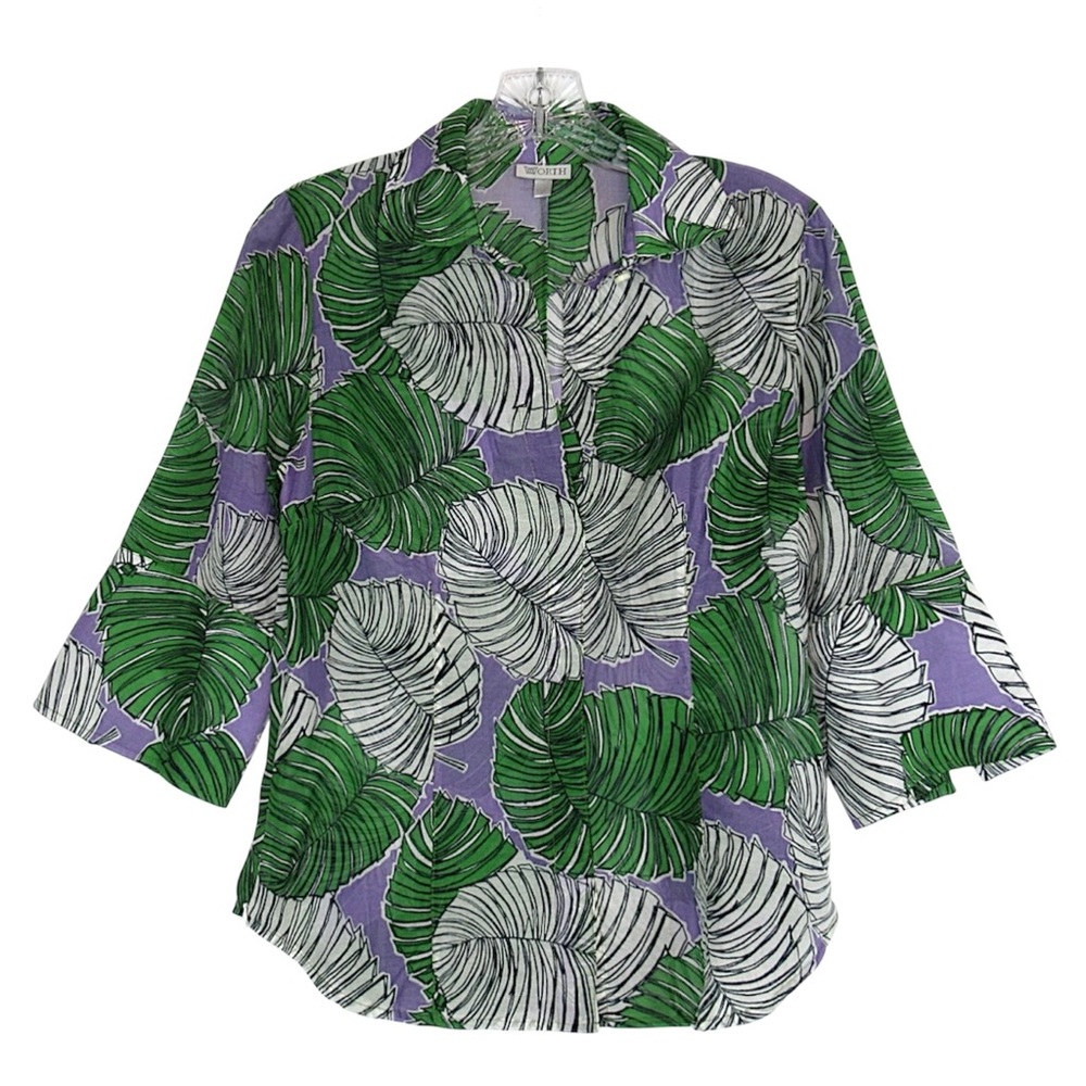 WORTH Silk Blend Collared Blouse Green Purple Palm Leaf Print Women's Size Small